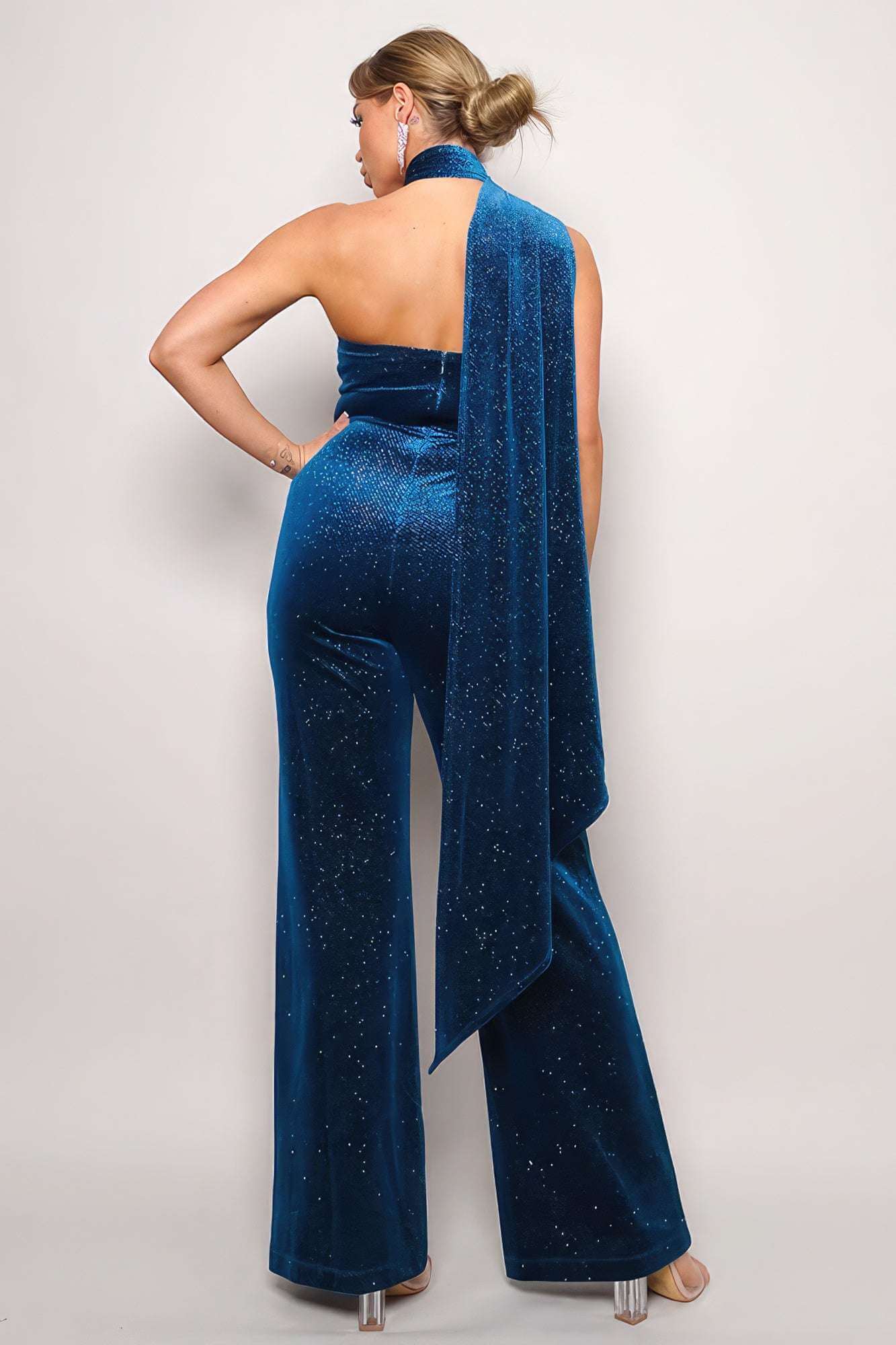 Scarf Top Glitter Velvet Jumpsuit - The Diva Goddess