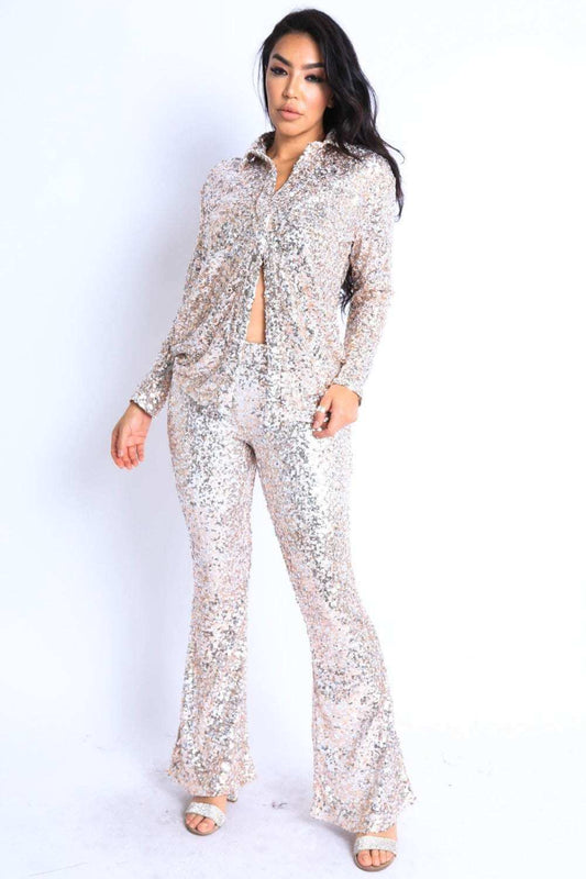 Sequin Button Down Shirt And Pant Set - The Diva Goddess