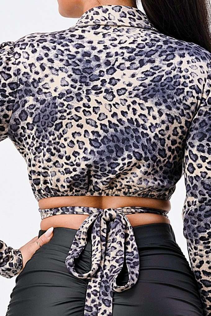 Sexy Animal Print Collared Back-tie Wrap Top - The Diva Goddess