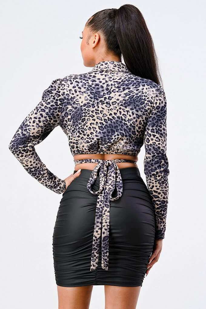 Sexy Animal Print Collared Back-tie Wrap Top - The Diva Goddess