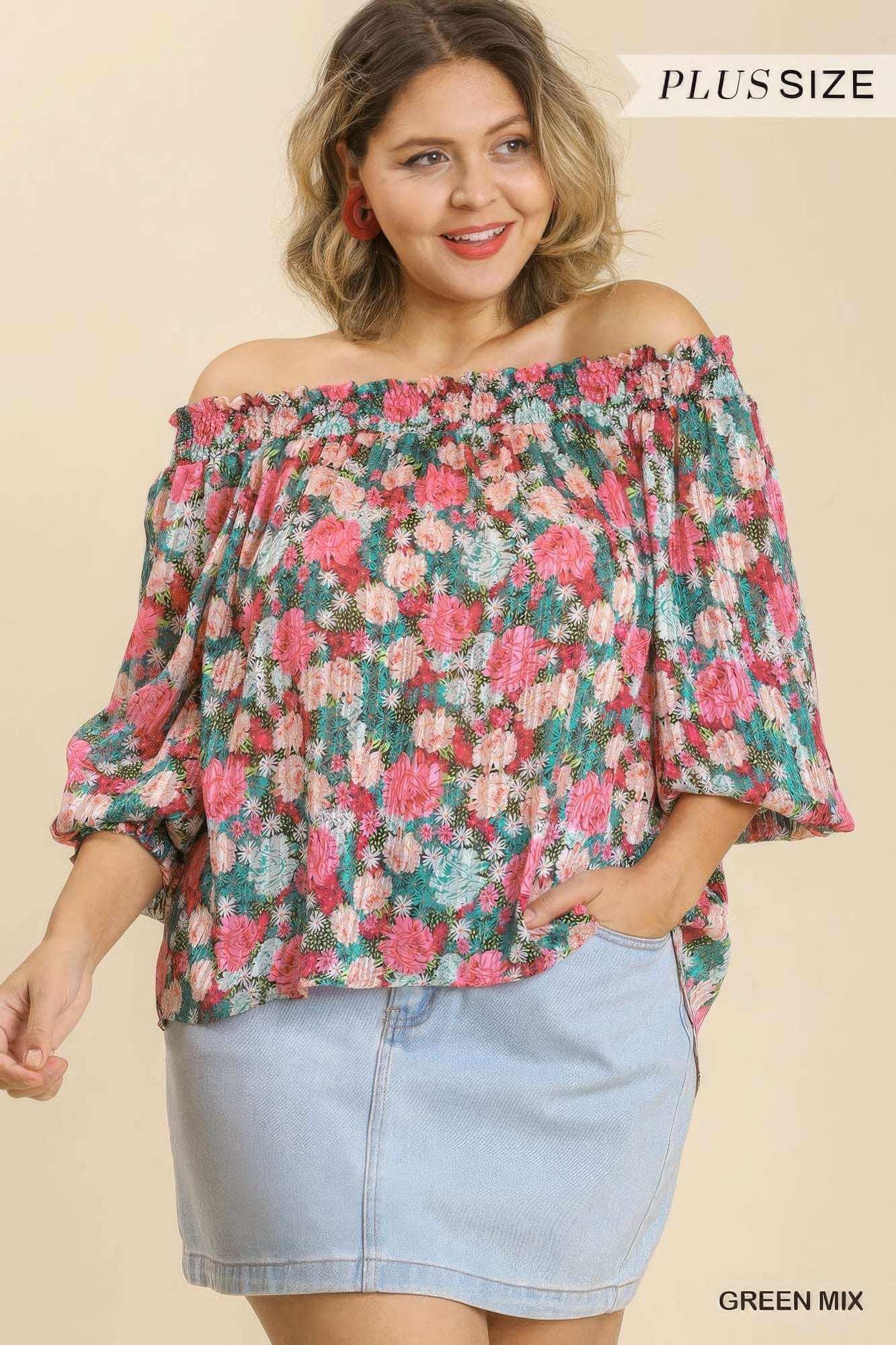 Sheer Floral Print Metallic Threading Long Sleeve Off Shoulder Top With High Low Hem - The Diva Goddess