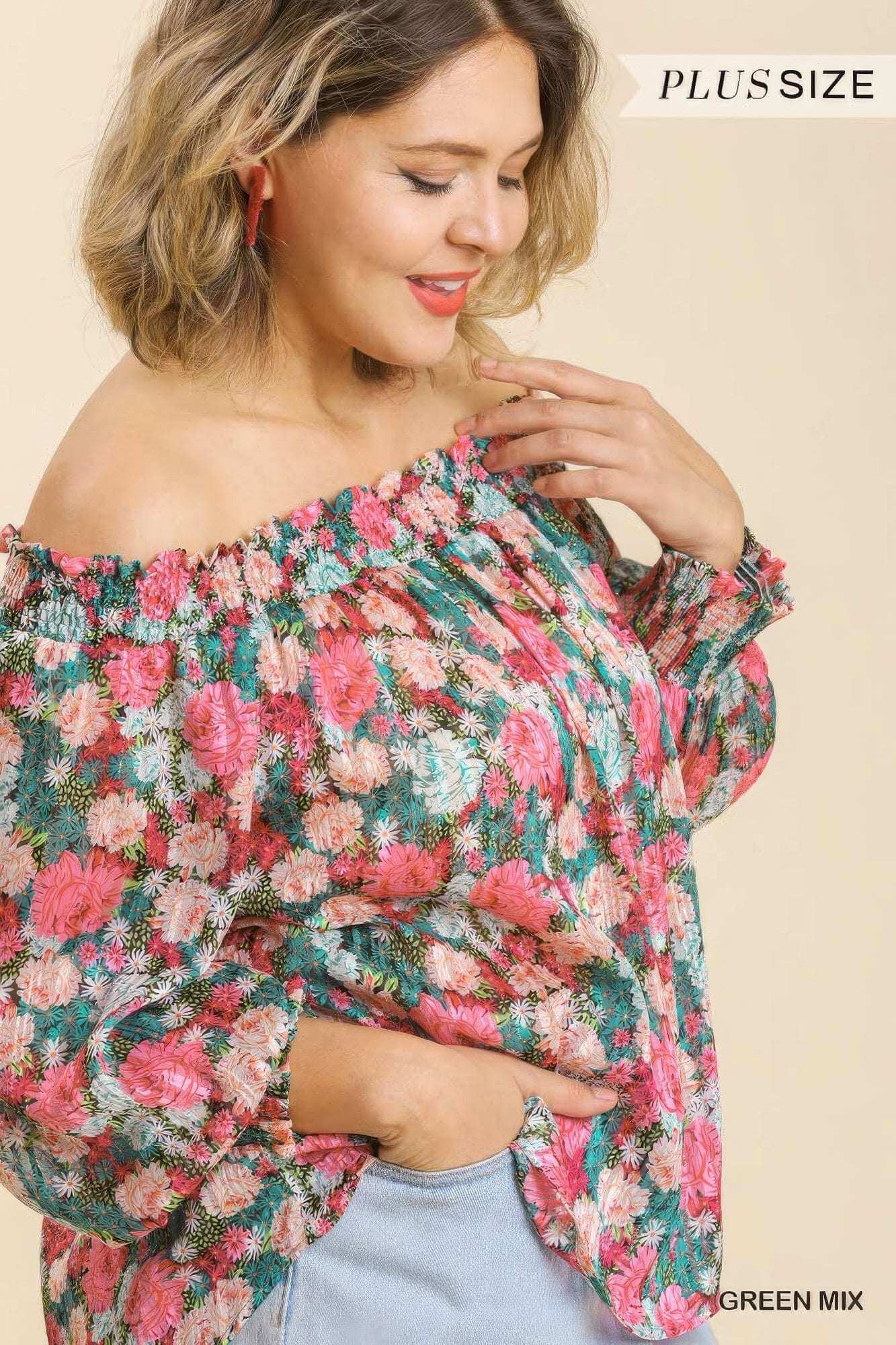 Sheer Floral Print Metallic Threading Long Sleeve Off Shoulder Top With High Low Hem - The Diva Goddess