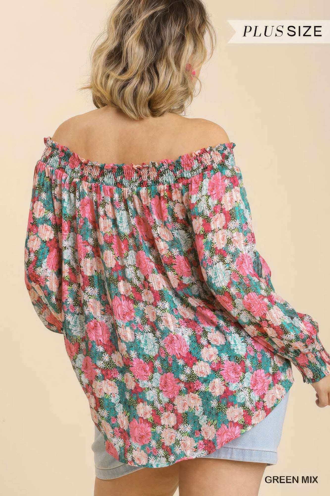 Sheer Floral Print Metallic Threading Long Sleeve Off Shoulder Top With High Low Hem - The Diva Goddess