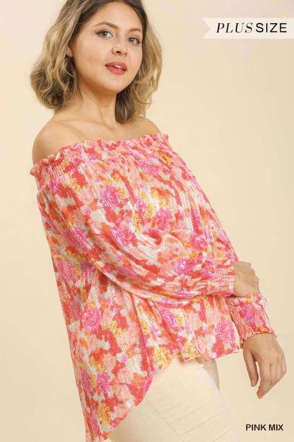 Sheer Floral Print Metallic Threading Long Sleeve Off Shoulder Top With High Low Hem - The Diva Goddess