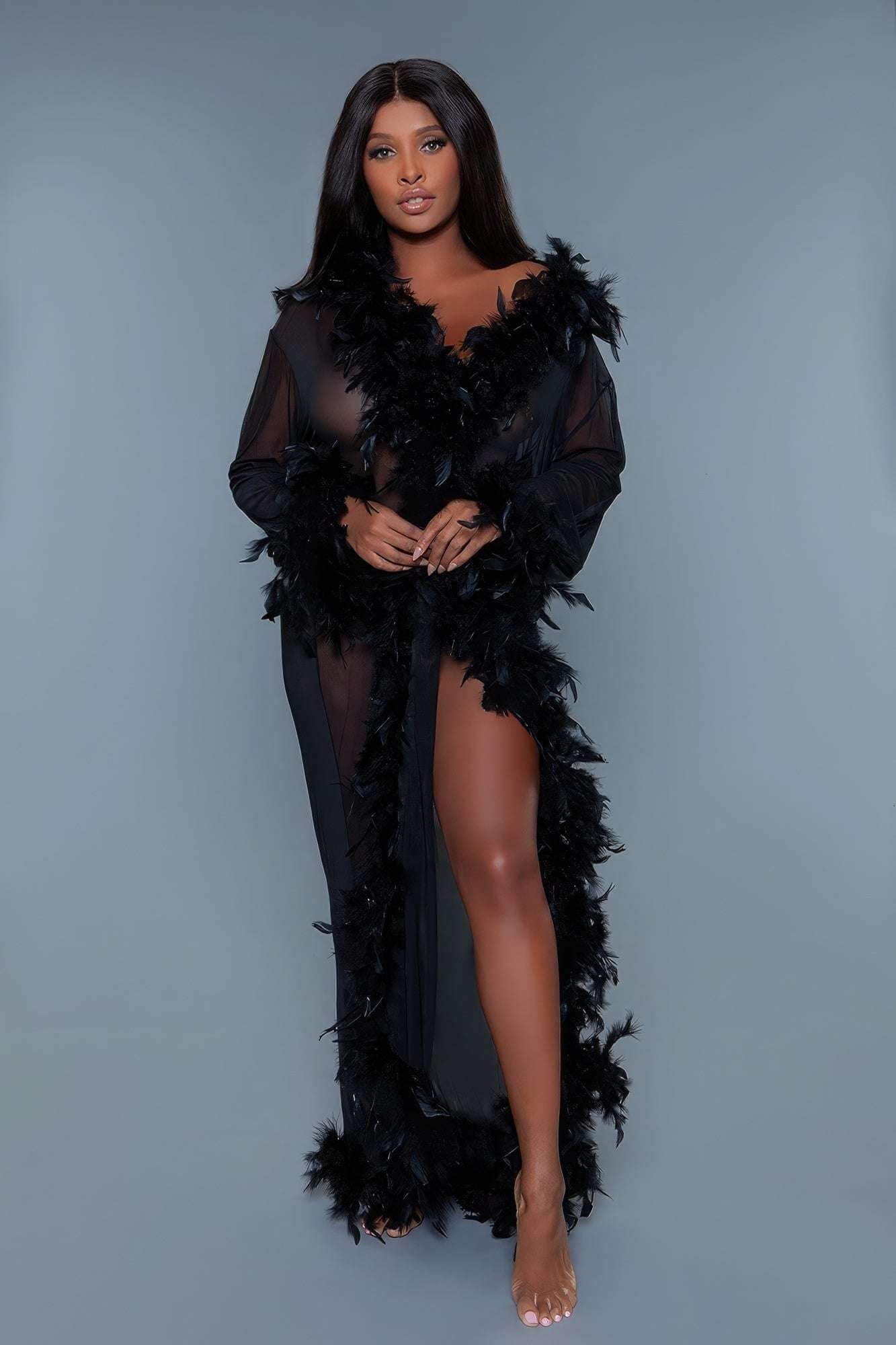 Sheer Full-length Robe With Chandelle Boa Feather Trim - The Diva Goddess