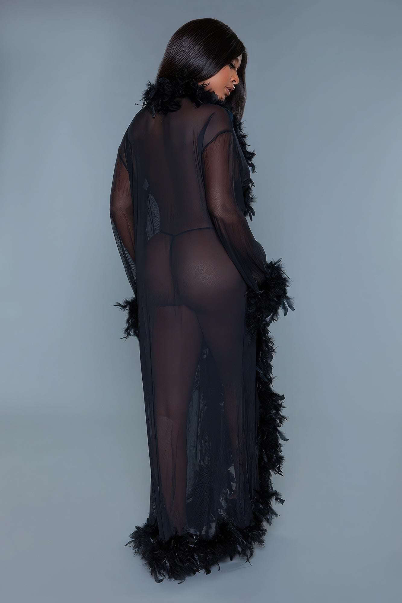 Sheer Full-length Robe With Chandelle Boa Feather Trim - The Diva Goddess