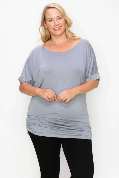 Short Sleeve Top Featuring A Round Neck And Ruched Sides - The Diva Goddess