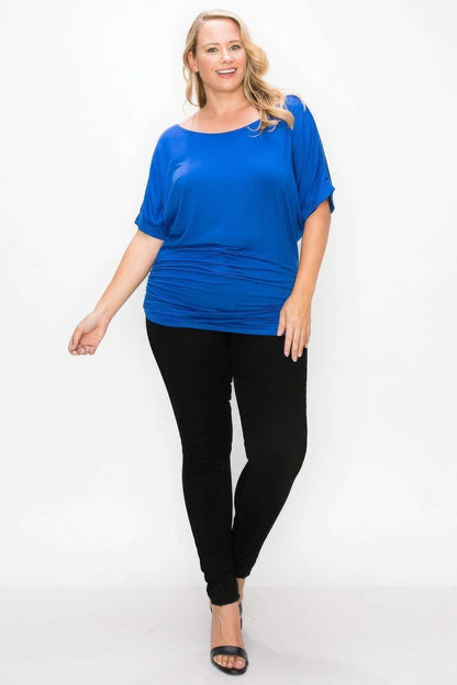 Short Sleeve Top Featuring A Round Neck And Ruched Sides - The Diva Goddess