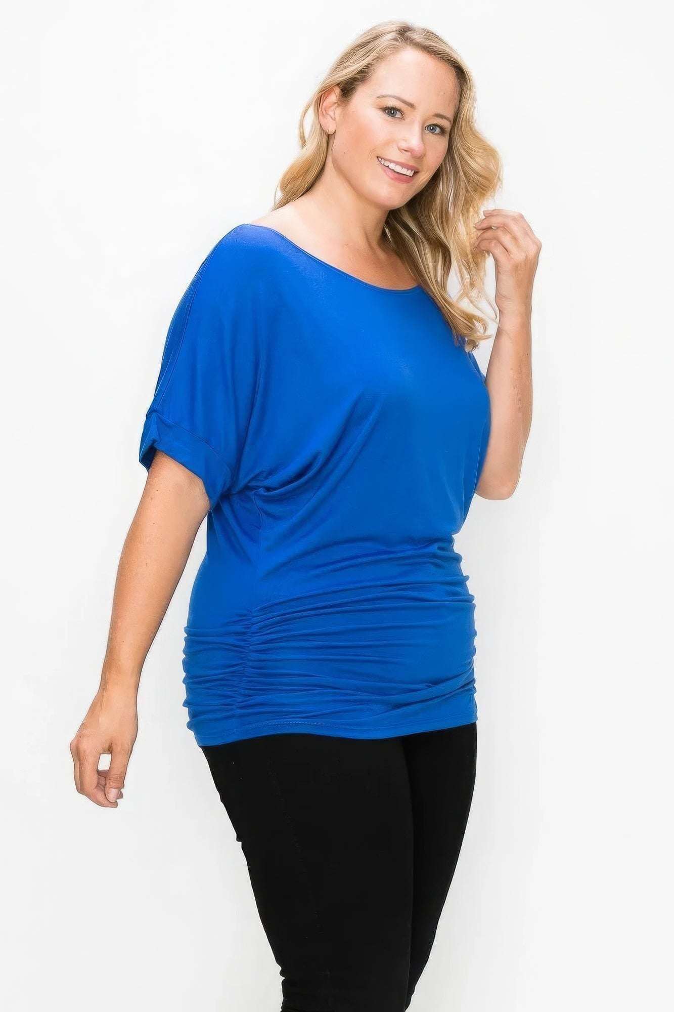 Short Sleeve Top Featuring A Round Neck And Ruched Sides - The Diva Goddess