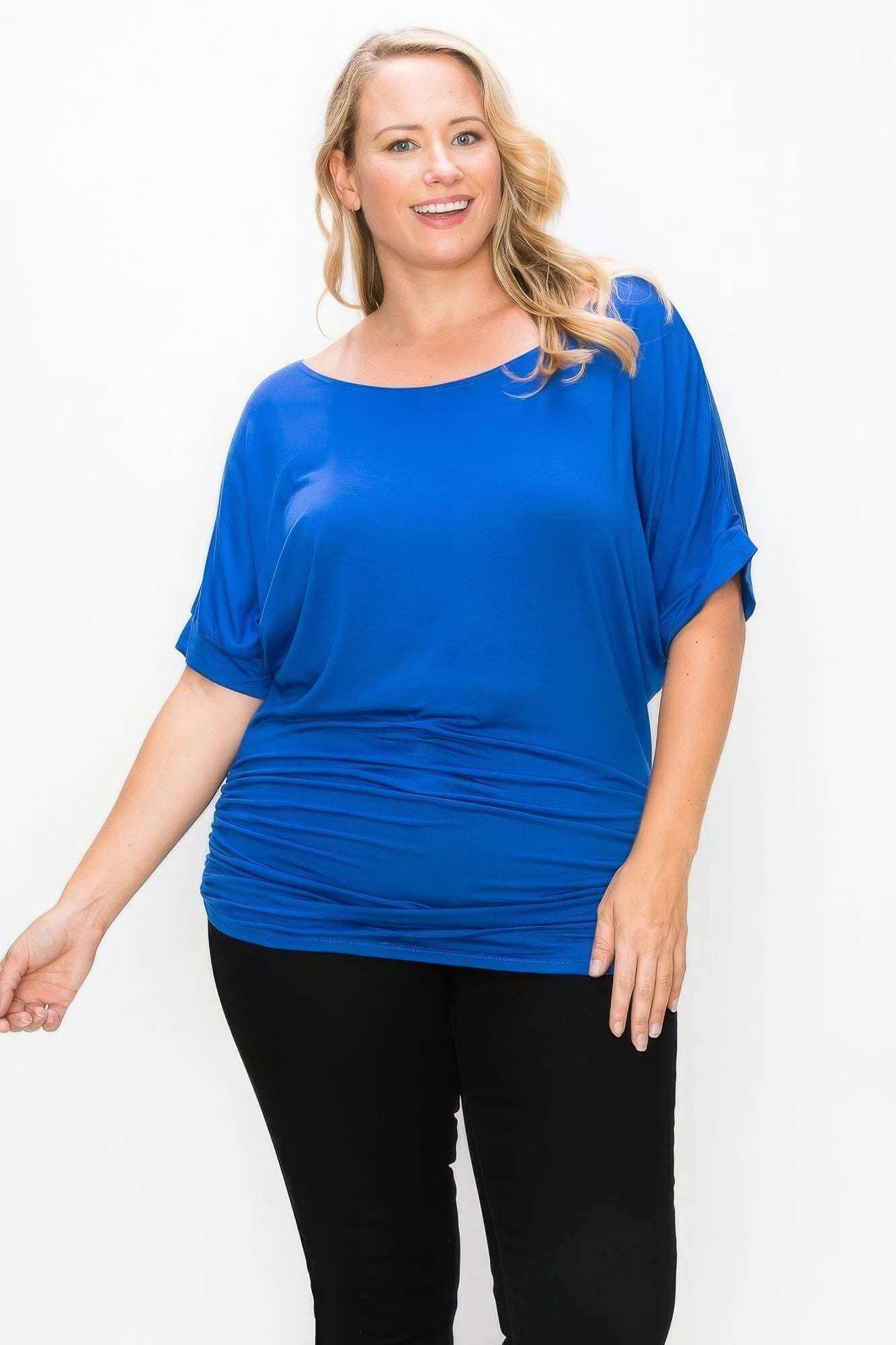 Short Sleeve Top Featuring A Round Neck And Ruched Sides - The Diva Goddess