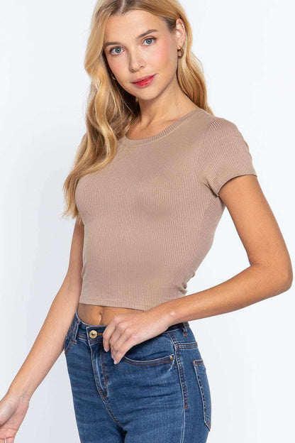 Short Slv Crew Neck Rib Crop Top - The Diva Goddess