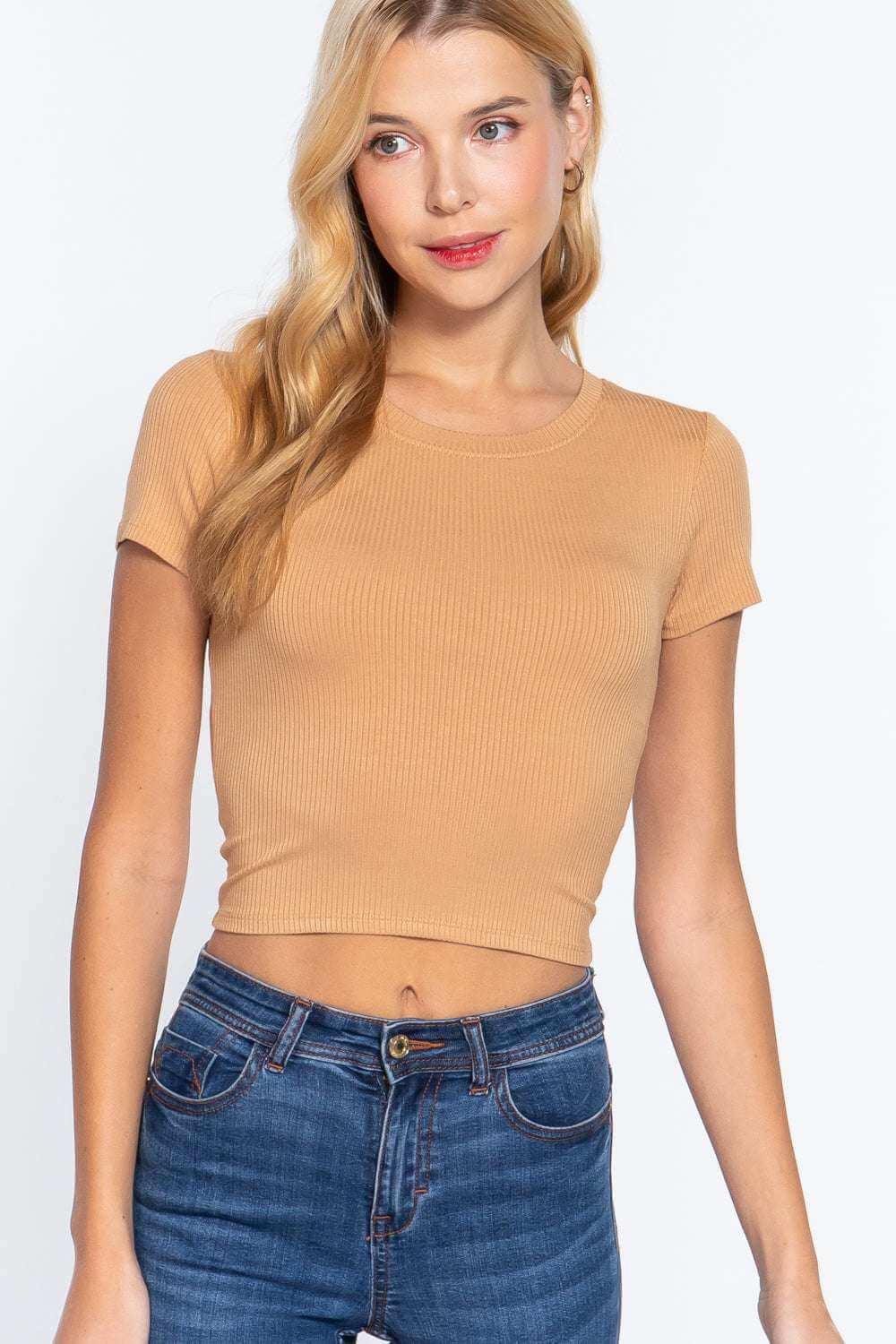 Short Slv Crew Neck Rib Crop Top - The Diva Goddess