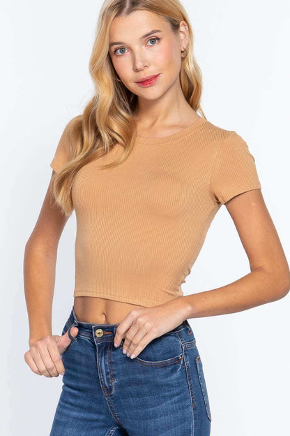 Short Slv Crew Neck Rib Crop Top - The Diva Goddess