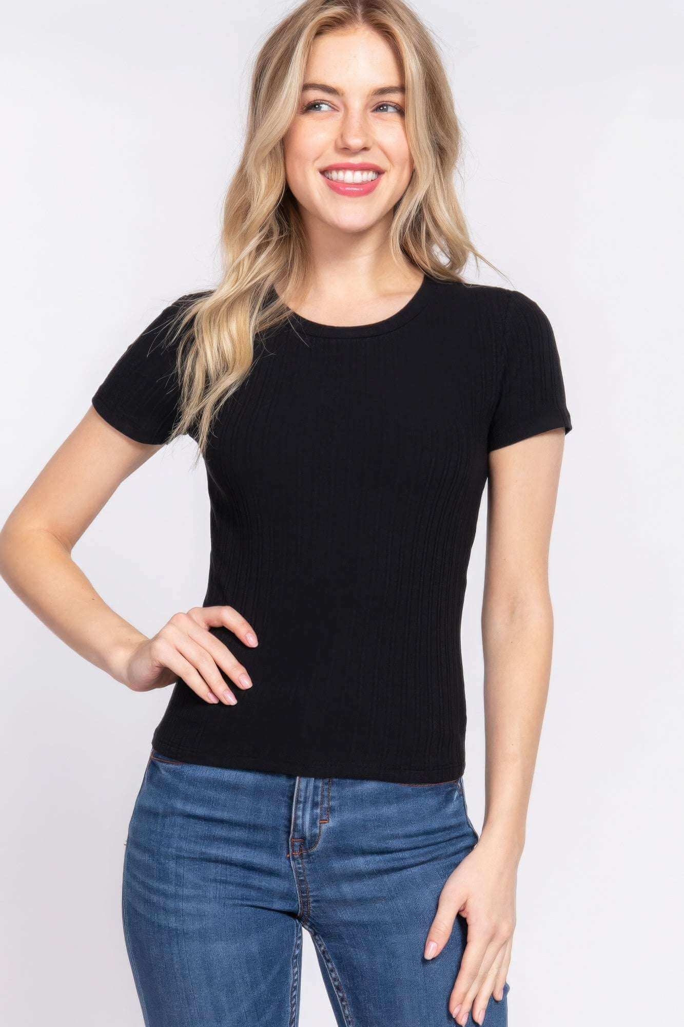 Short Slv Crew Neck Variegated Rib Knit Top - The Diva Goddess