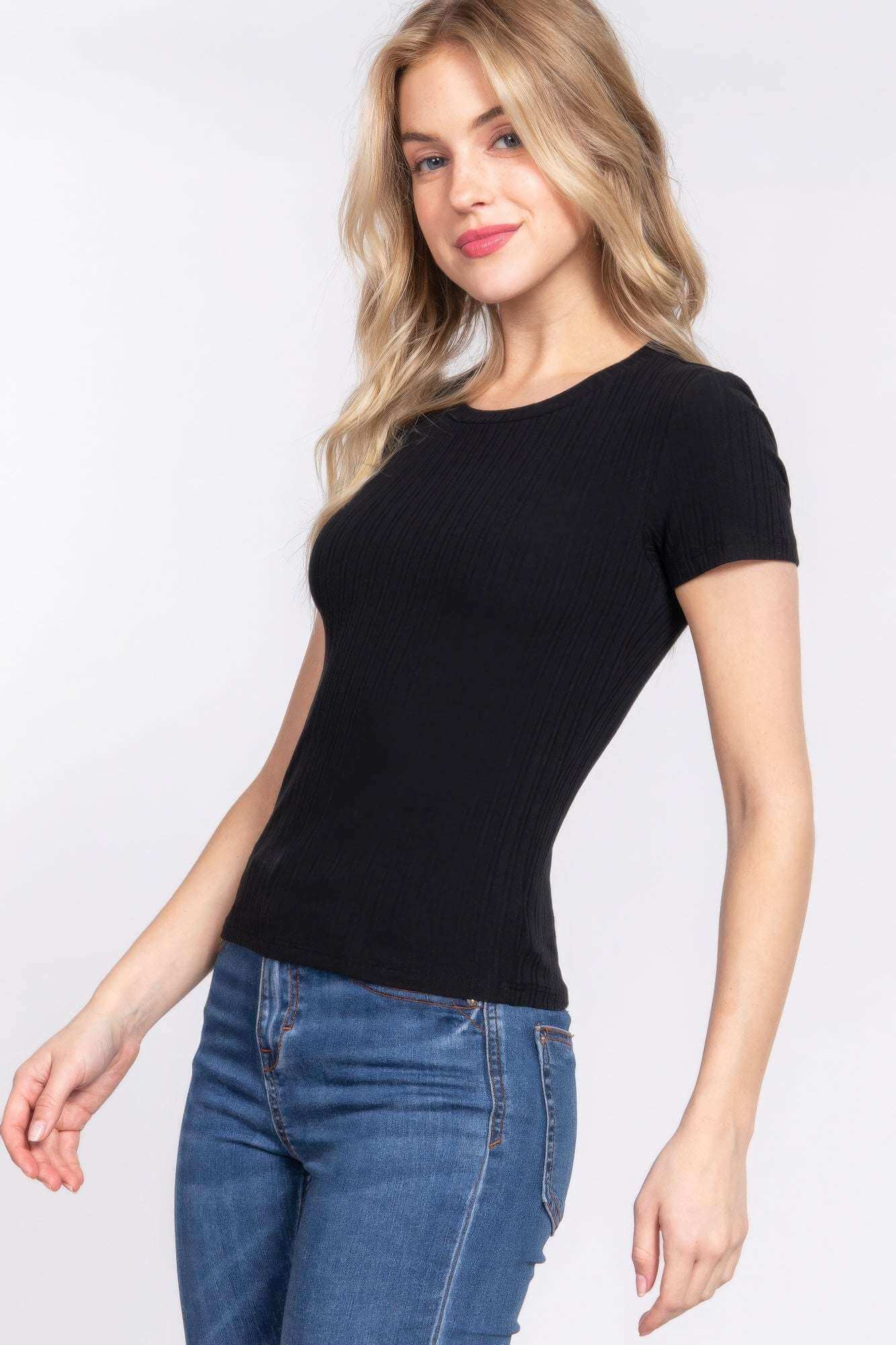 Short Slv Crew Neck Variegated Rib Knit Top - The Diva Goddess