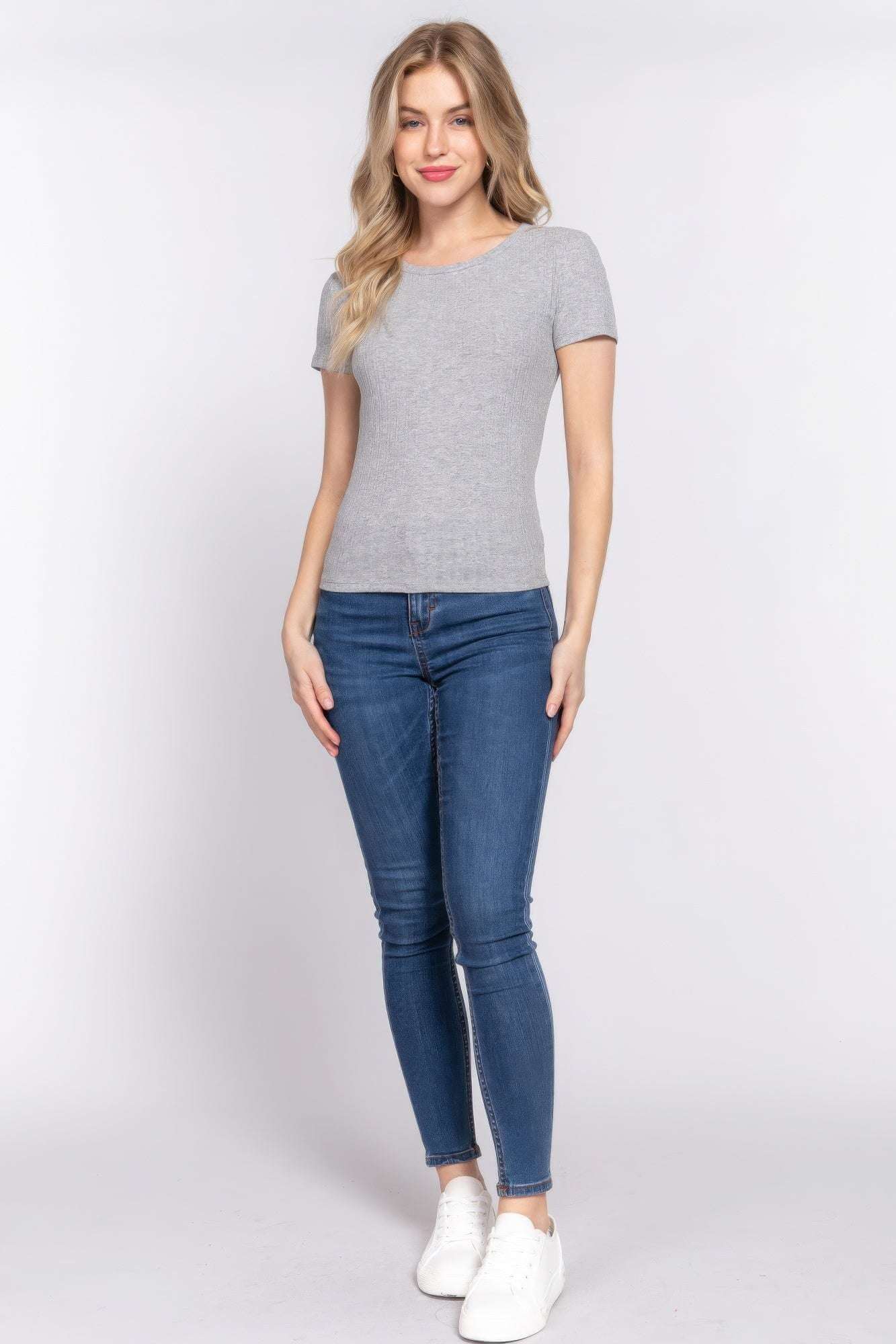 Short Slv Crew Neck Variegated Rib Knit Top - The Diva Goddess