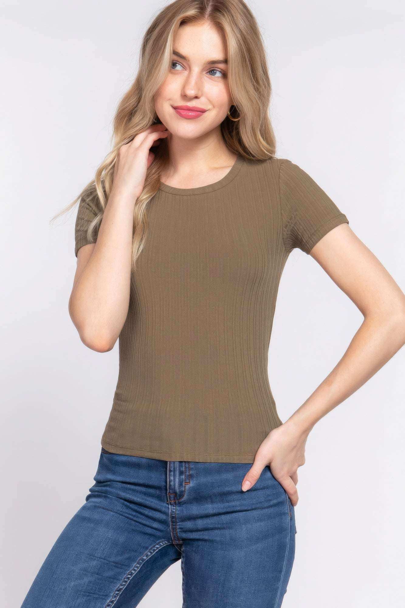 Short Slv Crew Neck Variegated Rib Knit Top - The Diva Goddess