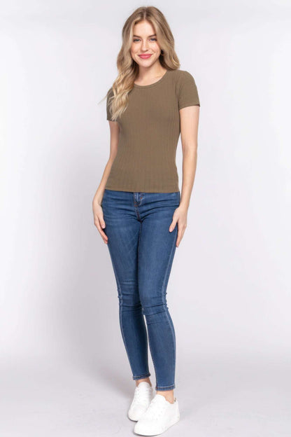 Short Slv Crew Neck Variegated Rib Knit Top - The Diva Goddess