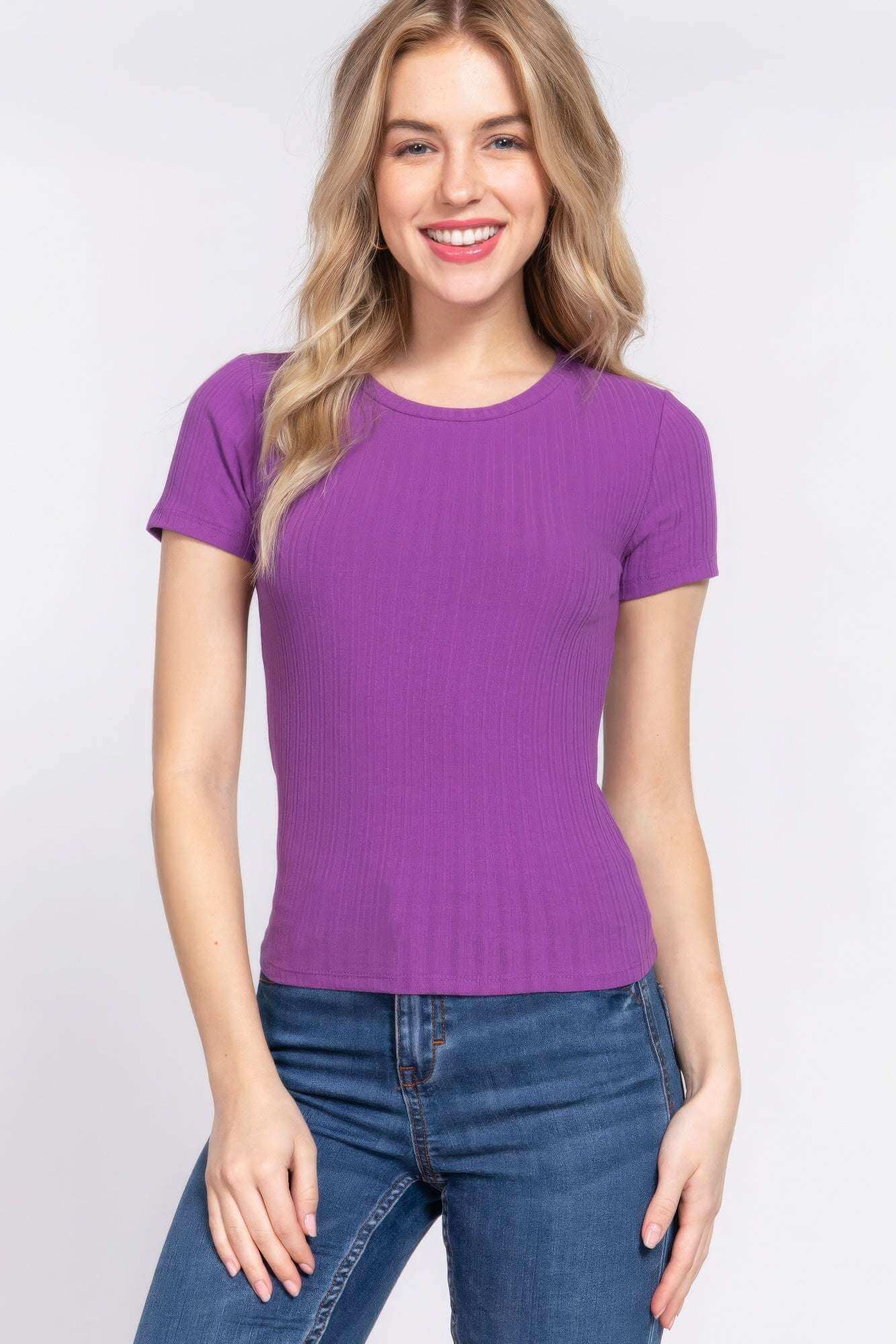 Short Slv Crew Neck Variegated Rib Knit Top - The Diva Goddess