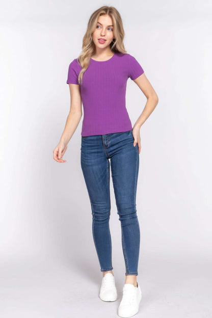 Short Slv Crew Neck Variegated Rib Knit Top - The Diva Goddess