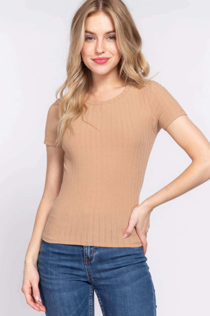 Short Slv Crew Neck Variegated Rib Knit Top - The Diva Goddess