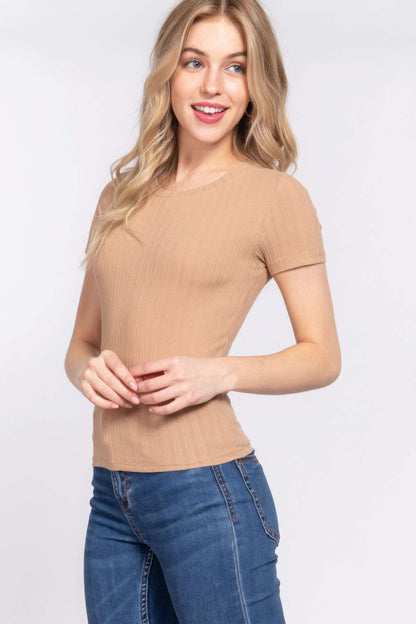 Short Slv Crew Neck Variegated Rib Knit Top - The Diva Goddess