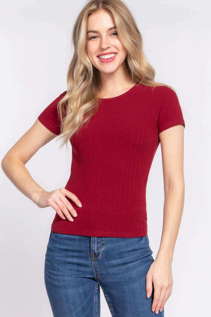 Short Slv Crew Neck Variegated Rib Knit Top - The Diva Goddess