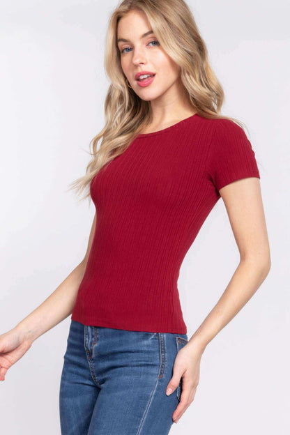 Short Slv Crew Neck Variegated Rib Knit Top - The Diva Goddess