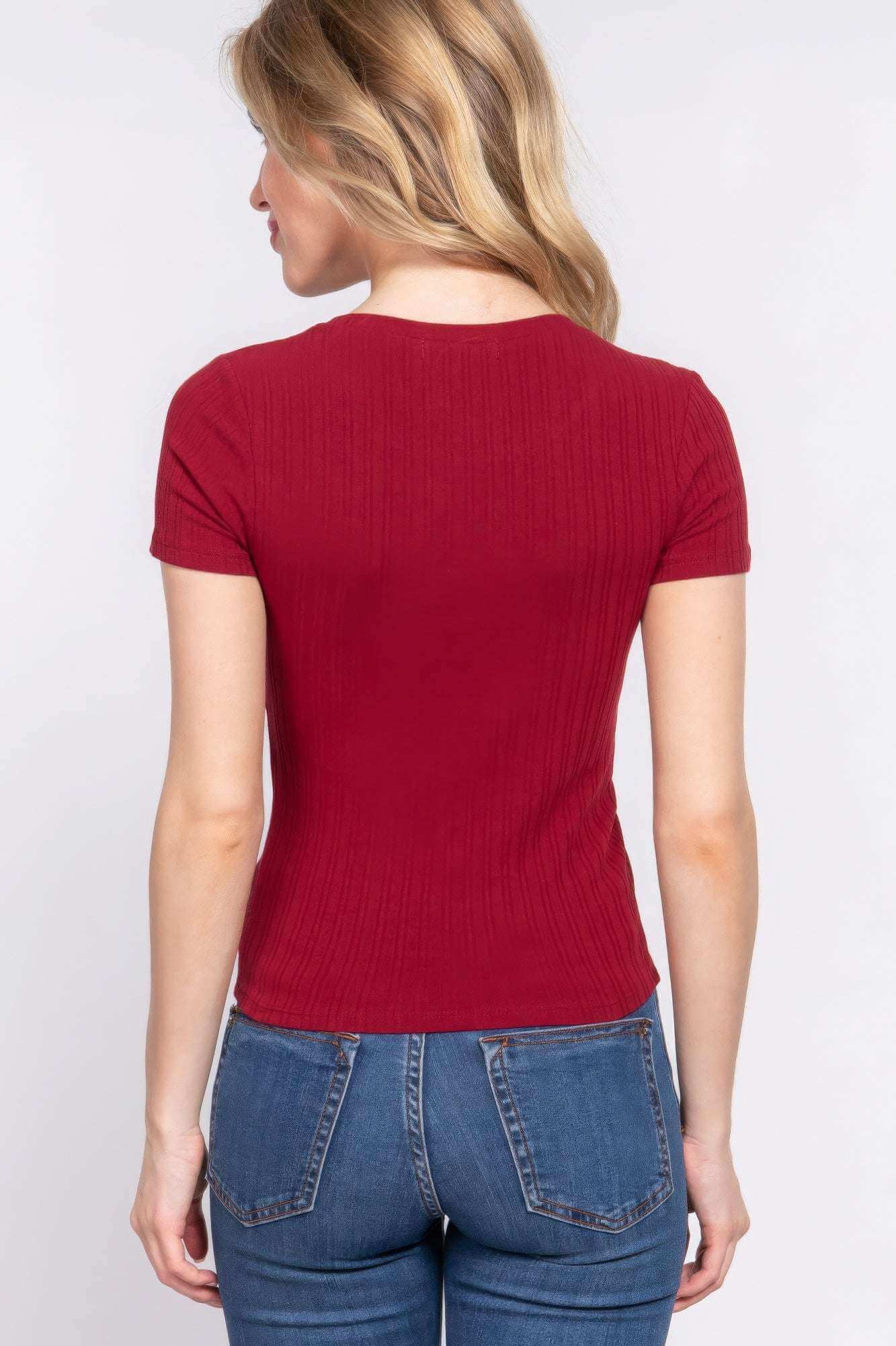 Short Slv Crew Neck Variegated Rib Knit Top - The Diva Goddess