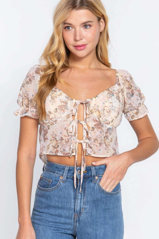 Short Slv Front Tie Print Woven Top - The Diva Goddess