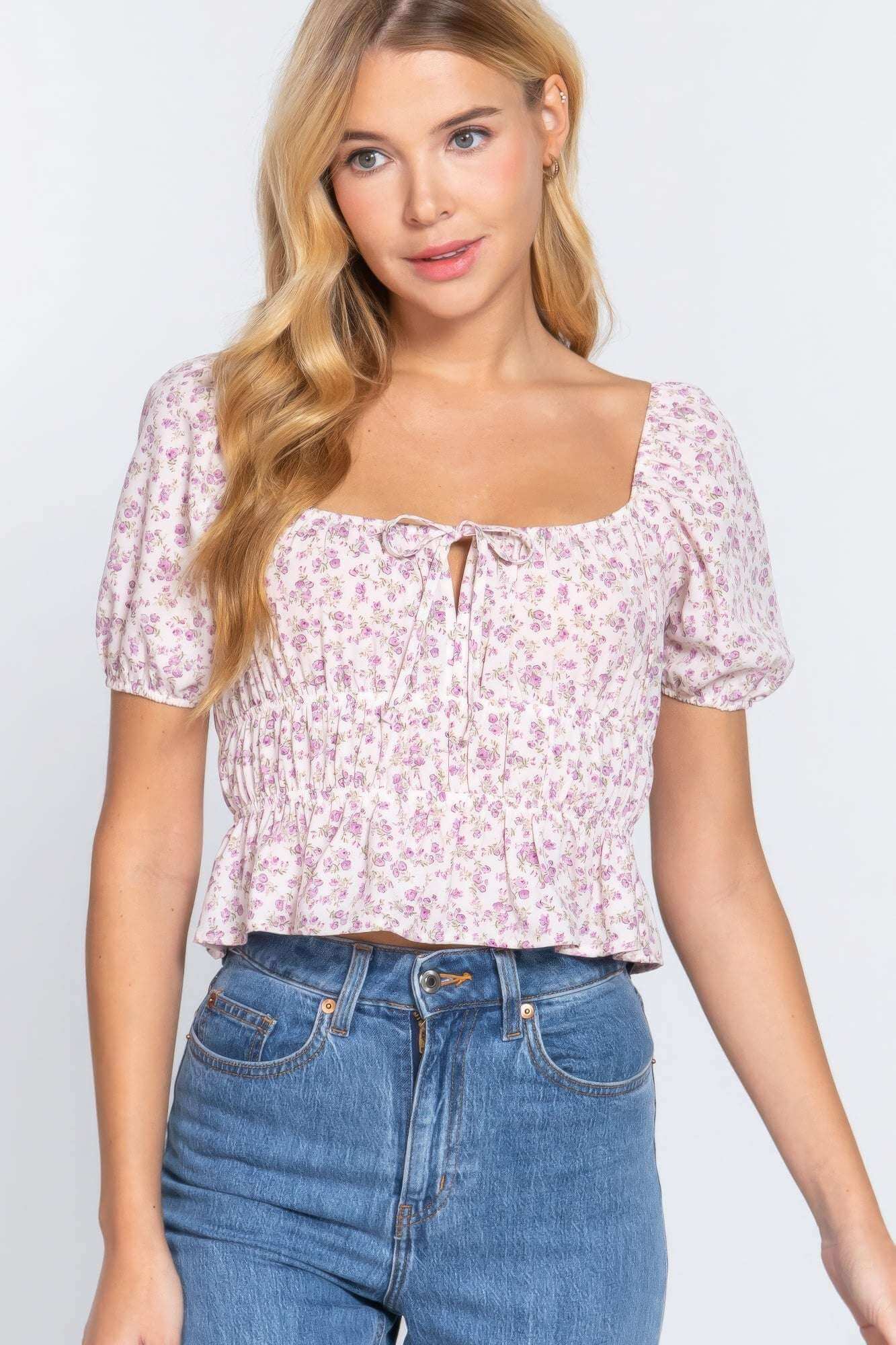 Short Slv Shirring Print Woven Top - The Diva Goddess