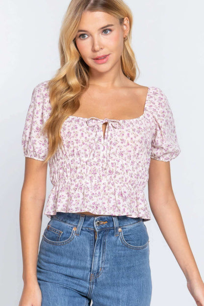 Short Slv Shirring Print Woven Top - The Diva Goddess