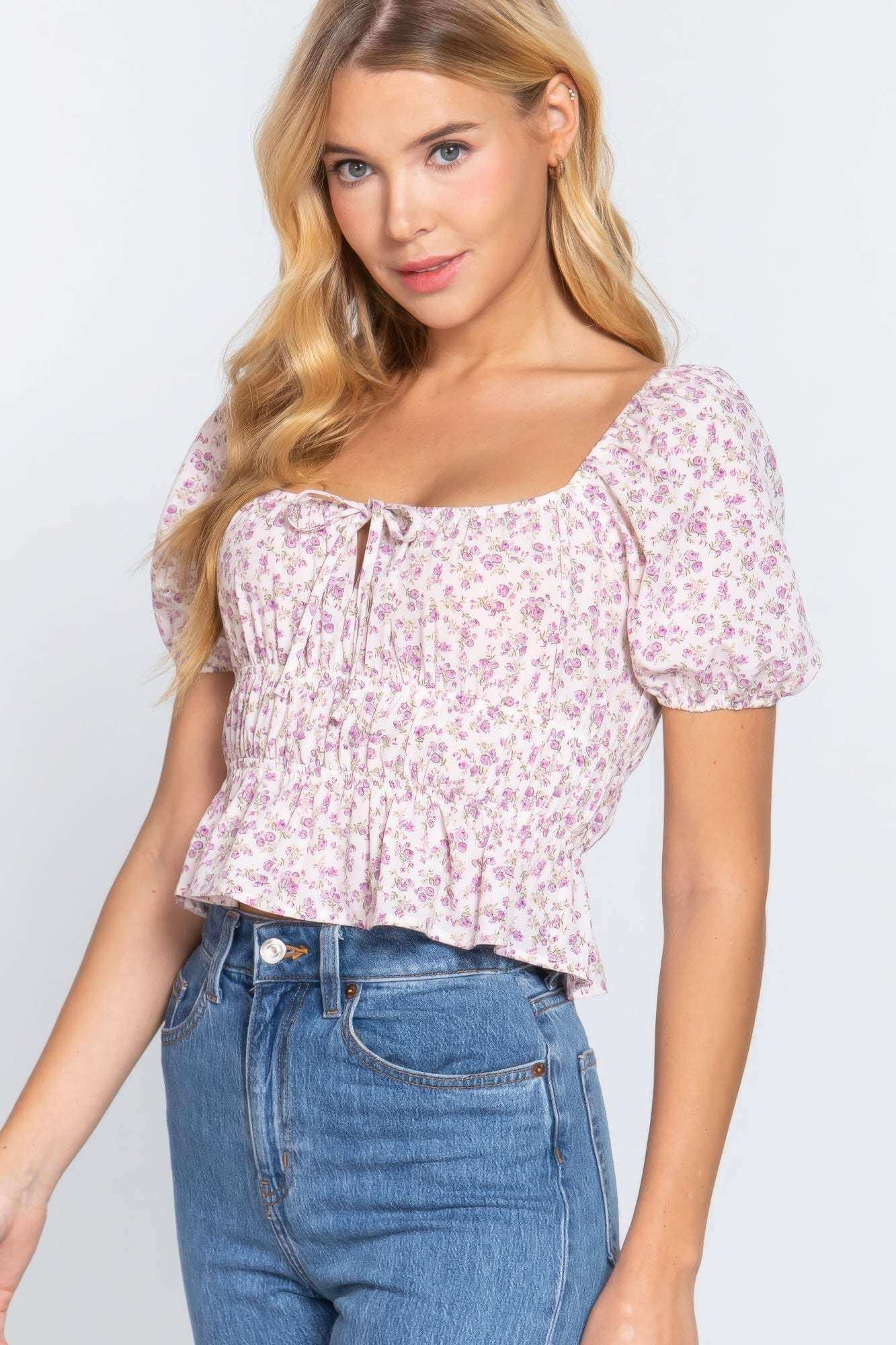 Short Slv Shirring Print Woven Top - The Diva Goddess