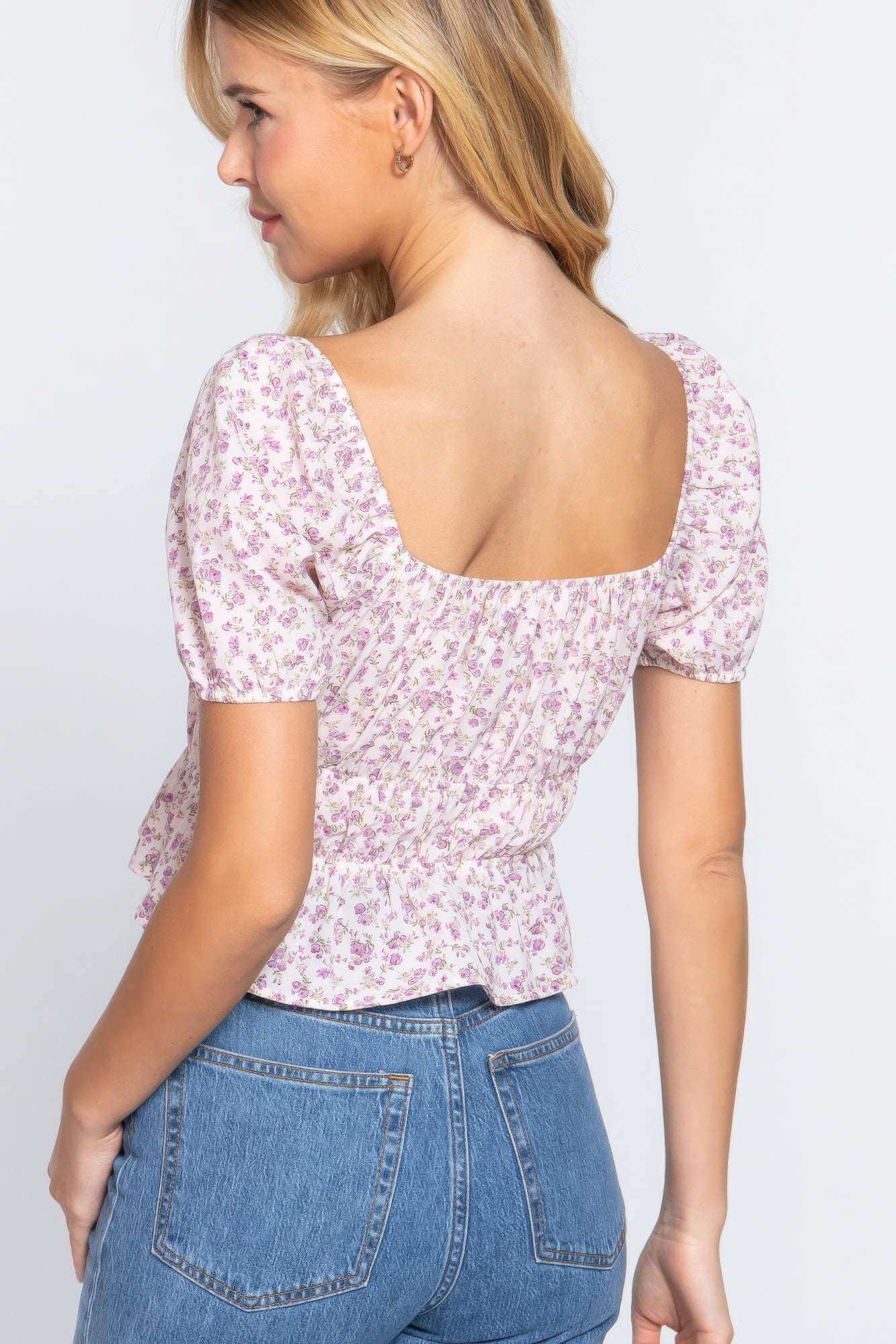 Short Slv Shirring Print Woven Top - The Diva Goddess