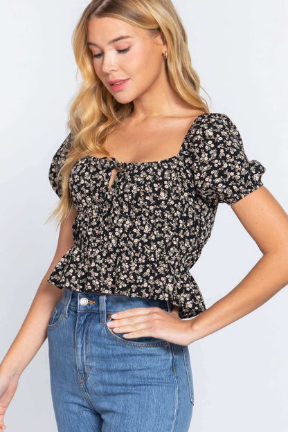 Short Slv Shirring Print Woven Top - The Diva Goddess