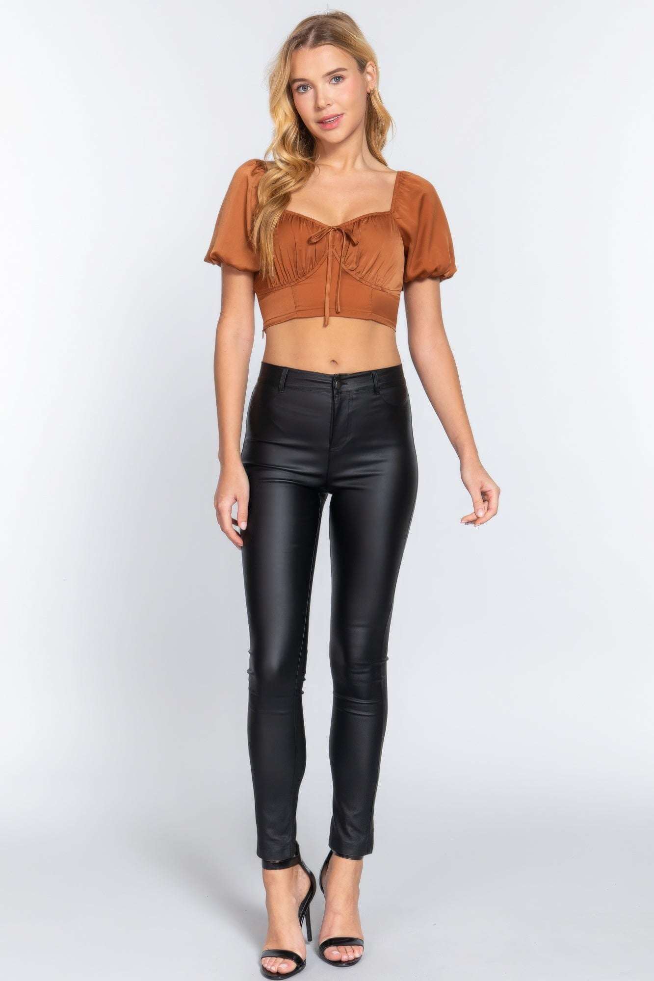 Short Slv Shirring Satin Crop Top - The Diva Goddess