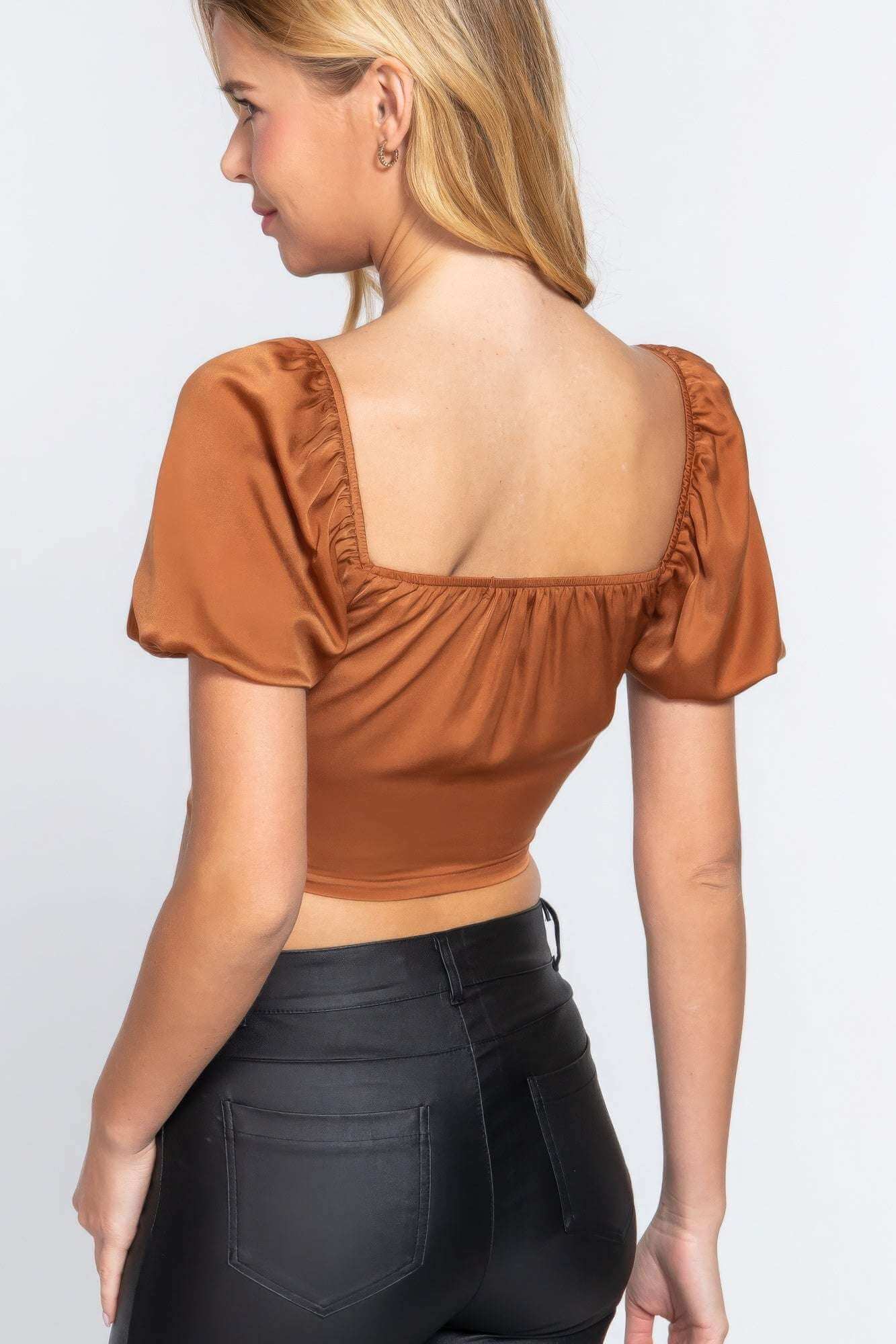 Short Slv Shirring Satin Crop Top - The Diva Goddess