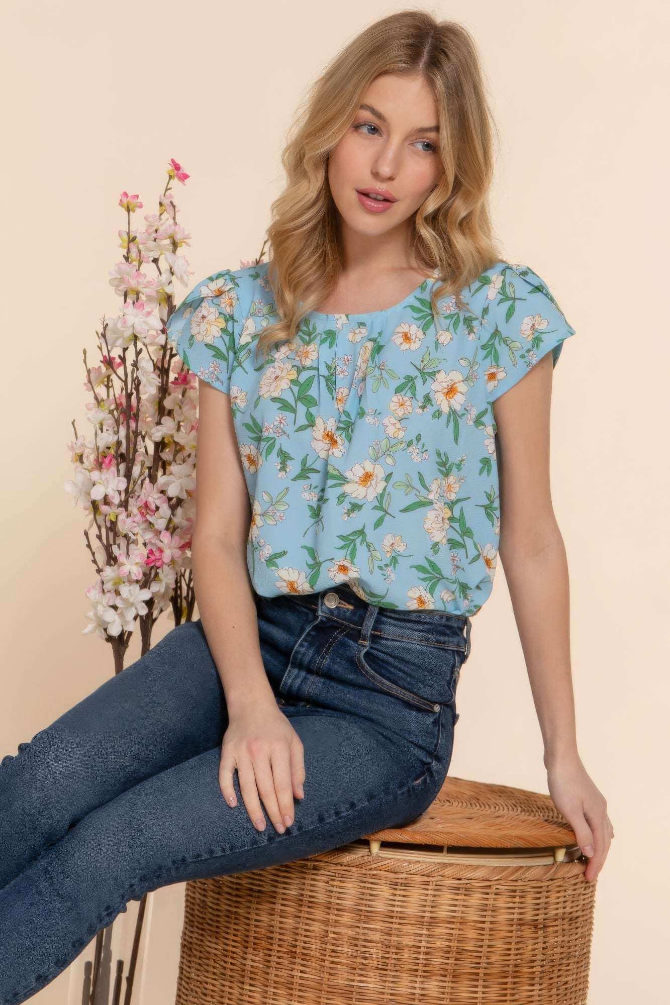 Short Tulip Slv Floral Print Woven Top - The Diva Goddess