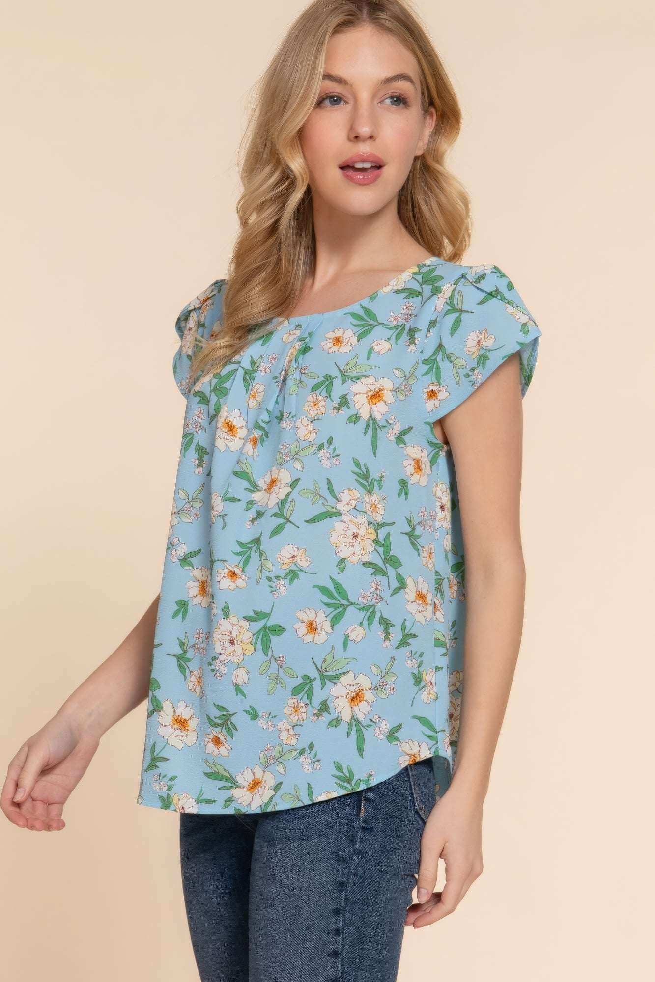 Short Tulip Slv Floral Print Woven Top - The Diva Goddess