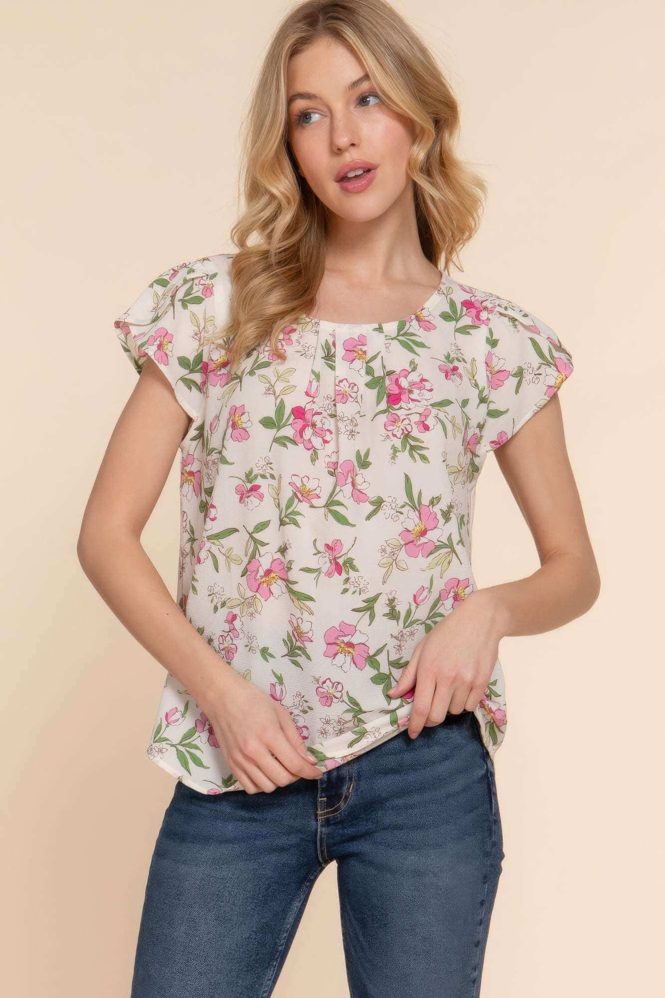 Short Tulip Slv Floral Print Woven Top - The Diva Goddess