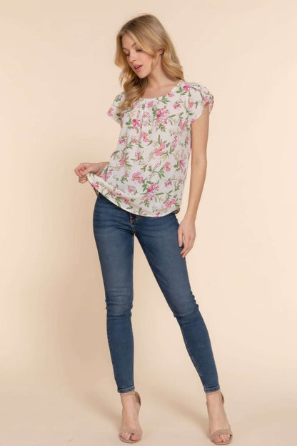 Short Tulip Slv Floral Print Woven Top - The Diva Goddess