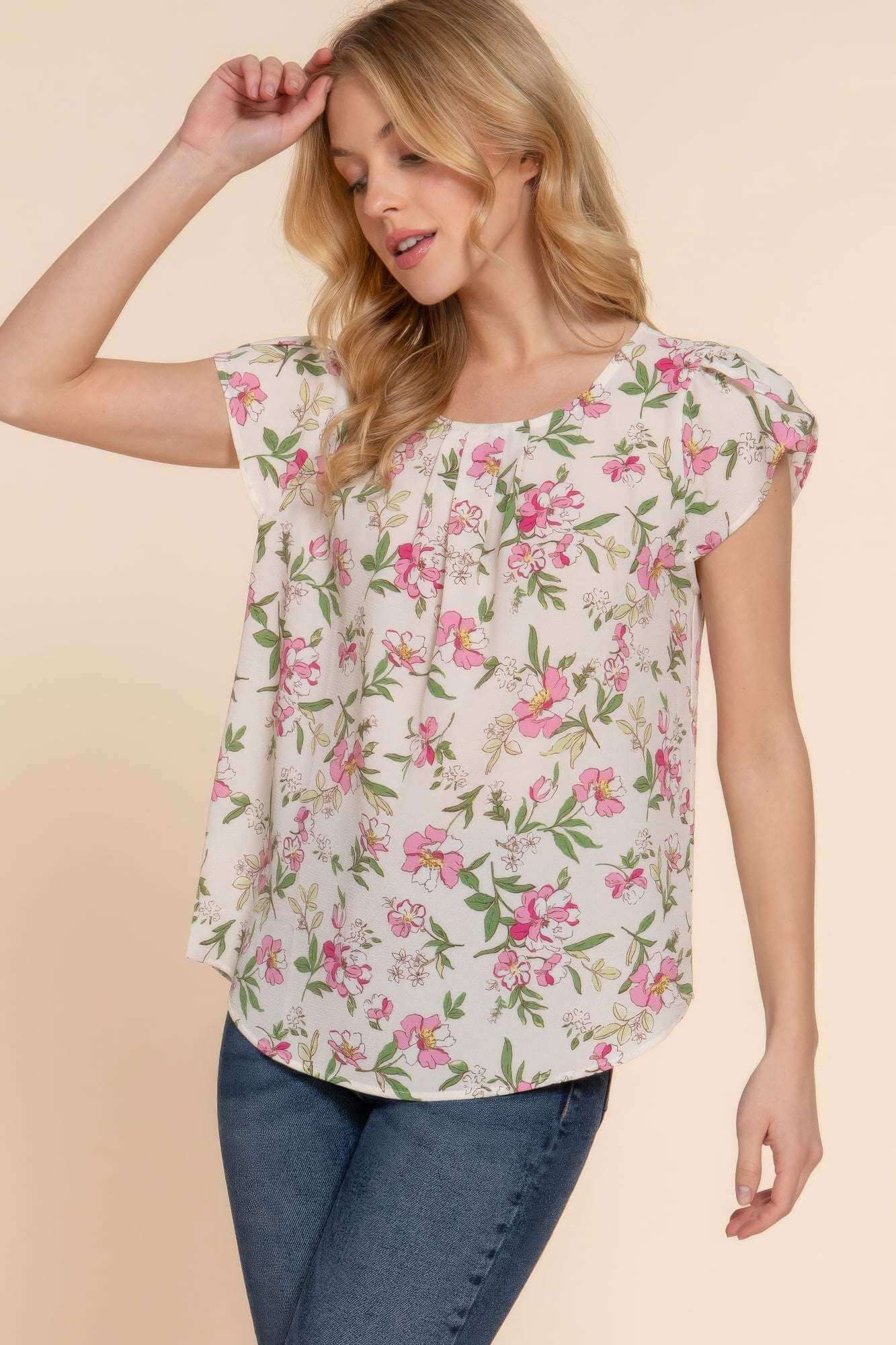 Short Tulip Slv Floral Print Woven Top - The Diva Goddess