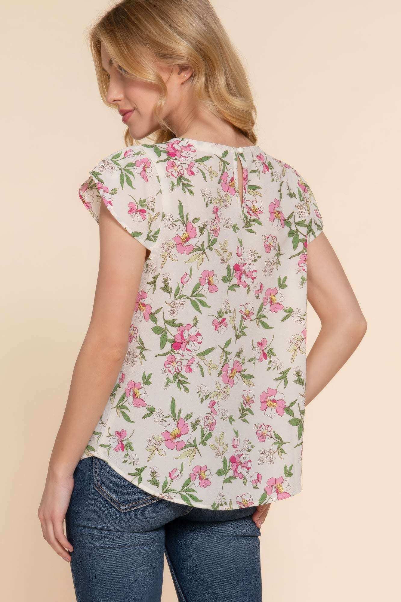 Short Tulip Slv Floral Print Woven Top - The Diva Goddess