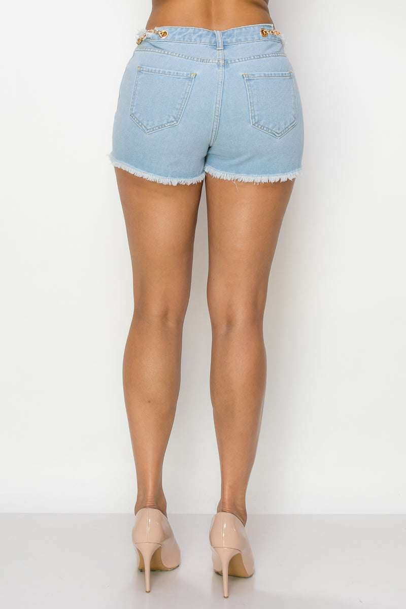 Side Chain Detailed Denim Shorts - The Diva Goddess