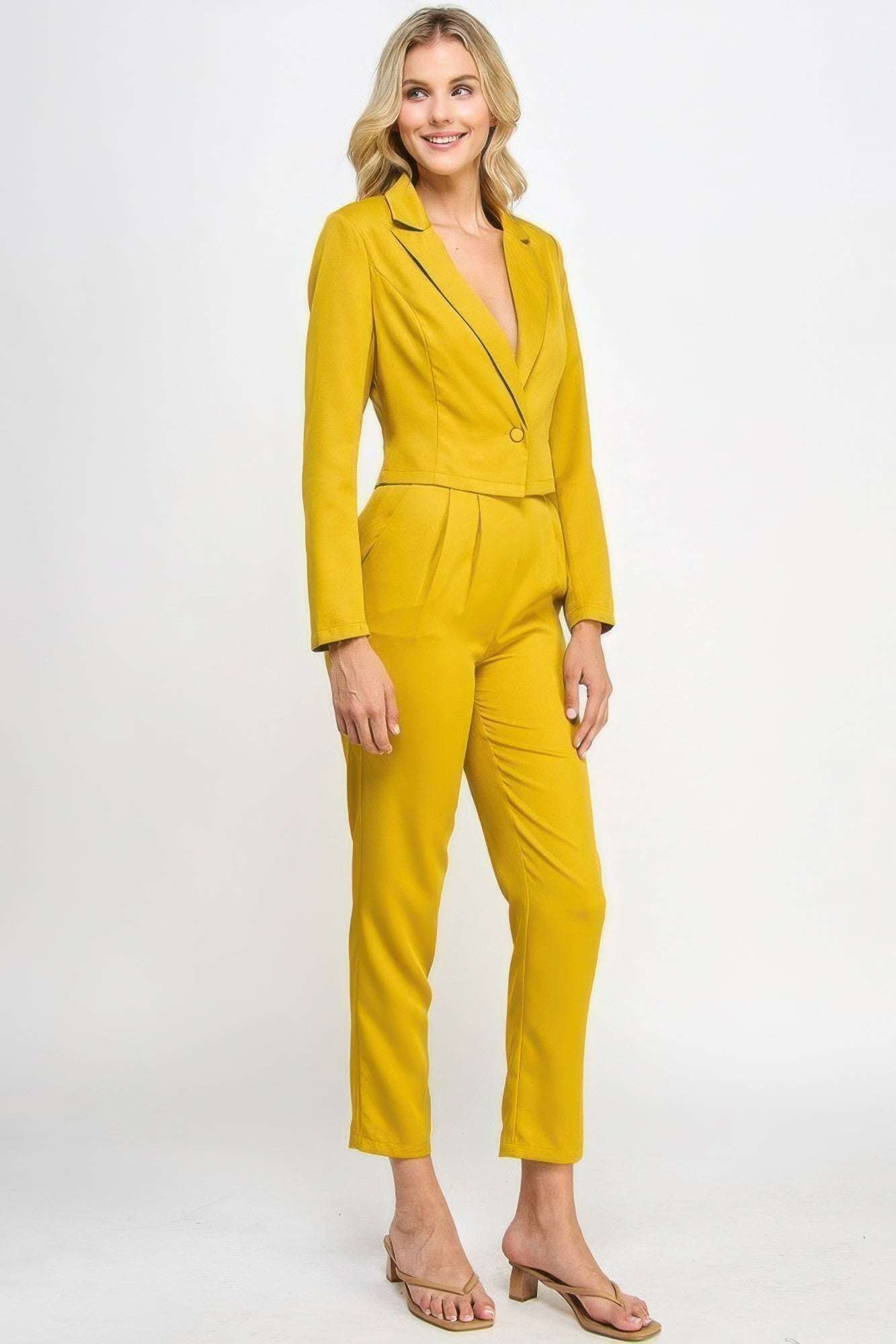 Single Button Crop Blazer With Tailored Pants Set - The Diva Goddess