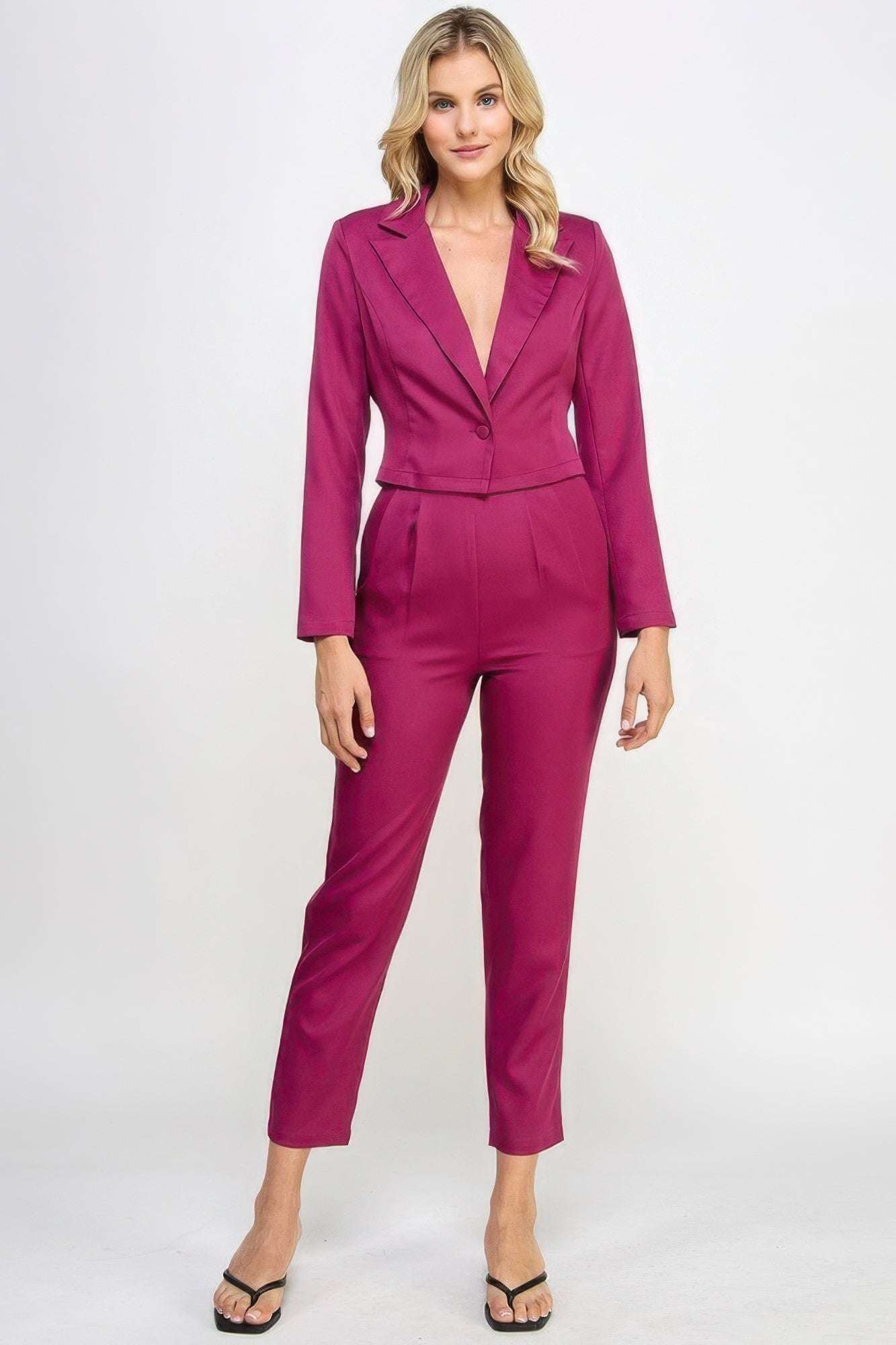 Single Button Crop Blazer With Tailored Pants Set - The Diva Goddess