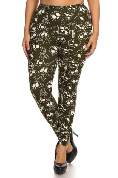 Skulls And Bones Graphic Printed Knit Legging With Elastic Waist Detail. High Waist Fit. - The Diva Goddess