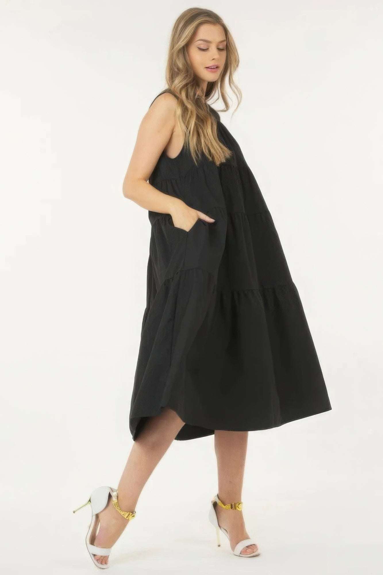 Sleeveless Basic Stretch Poplin Dress With Layers - The Diva Goddess