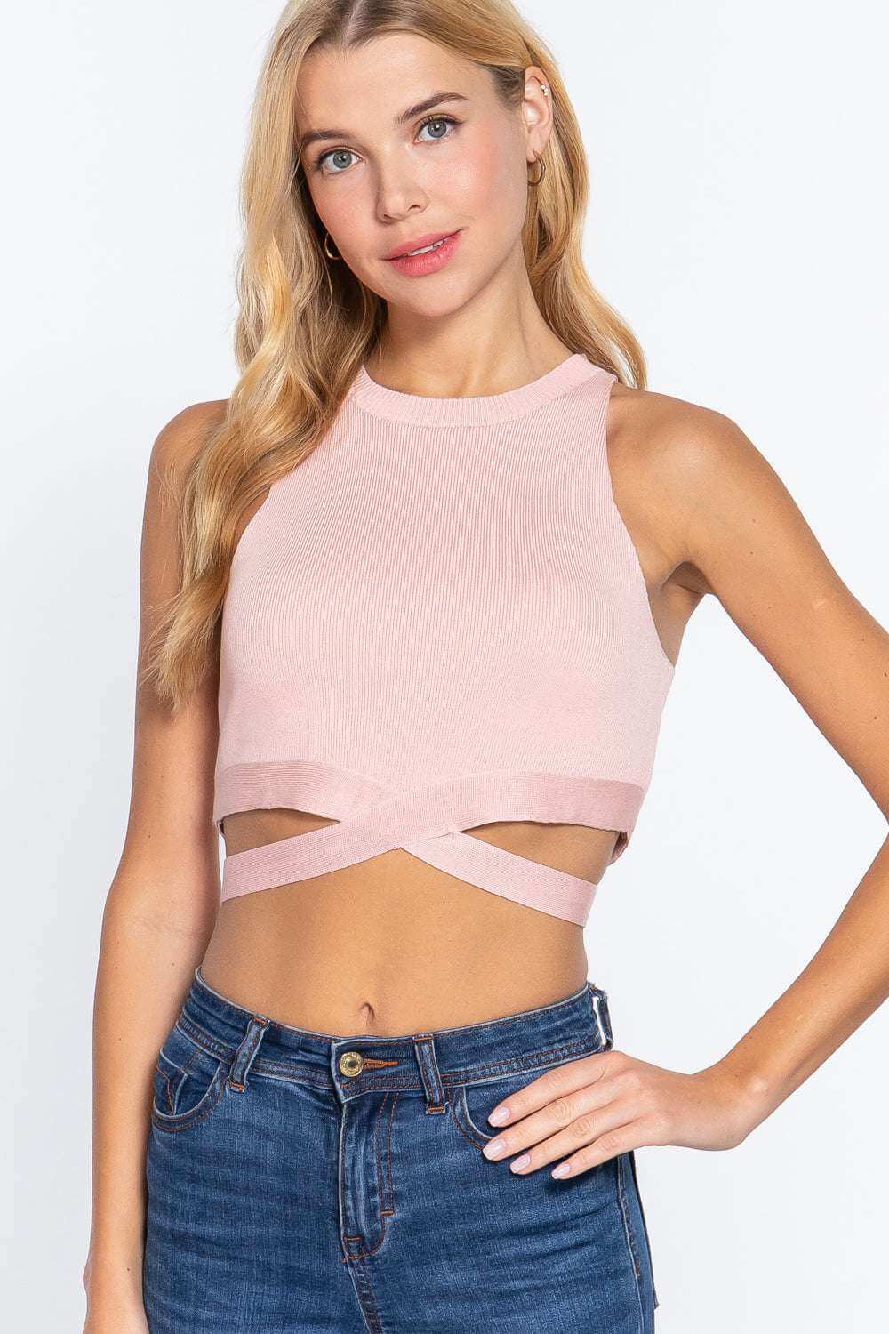 Sleeveless Crew Neck Waist Tie Crop Sweater Top - The Diva Goddess