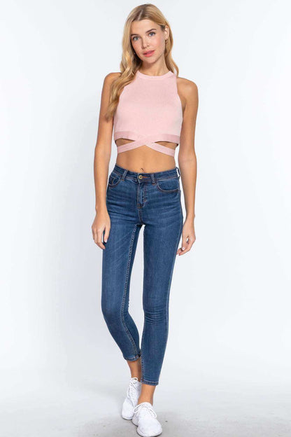 Sleeveless Crew Neck Waist Tie Crop Sweater Top - The Diva Goddess